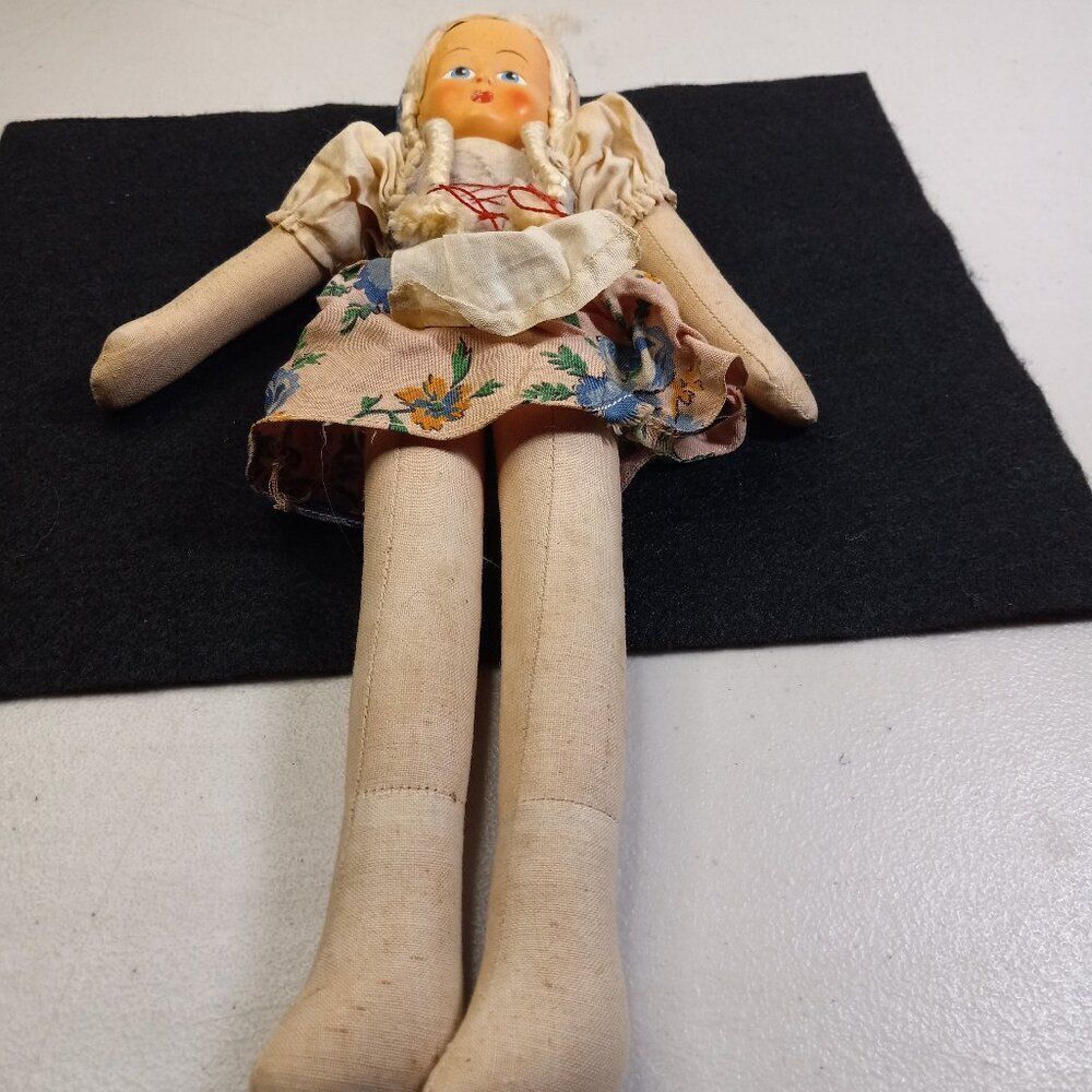 Vintage Poland Cloth Girl Doll Face Hand Painted Cottagecore Kitsch Folk Art